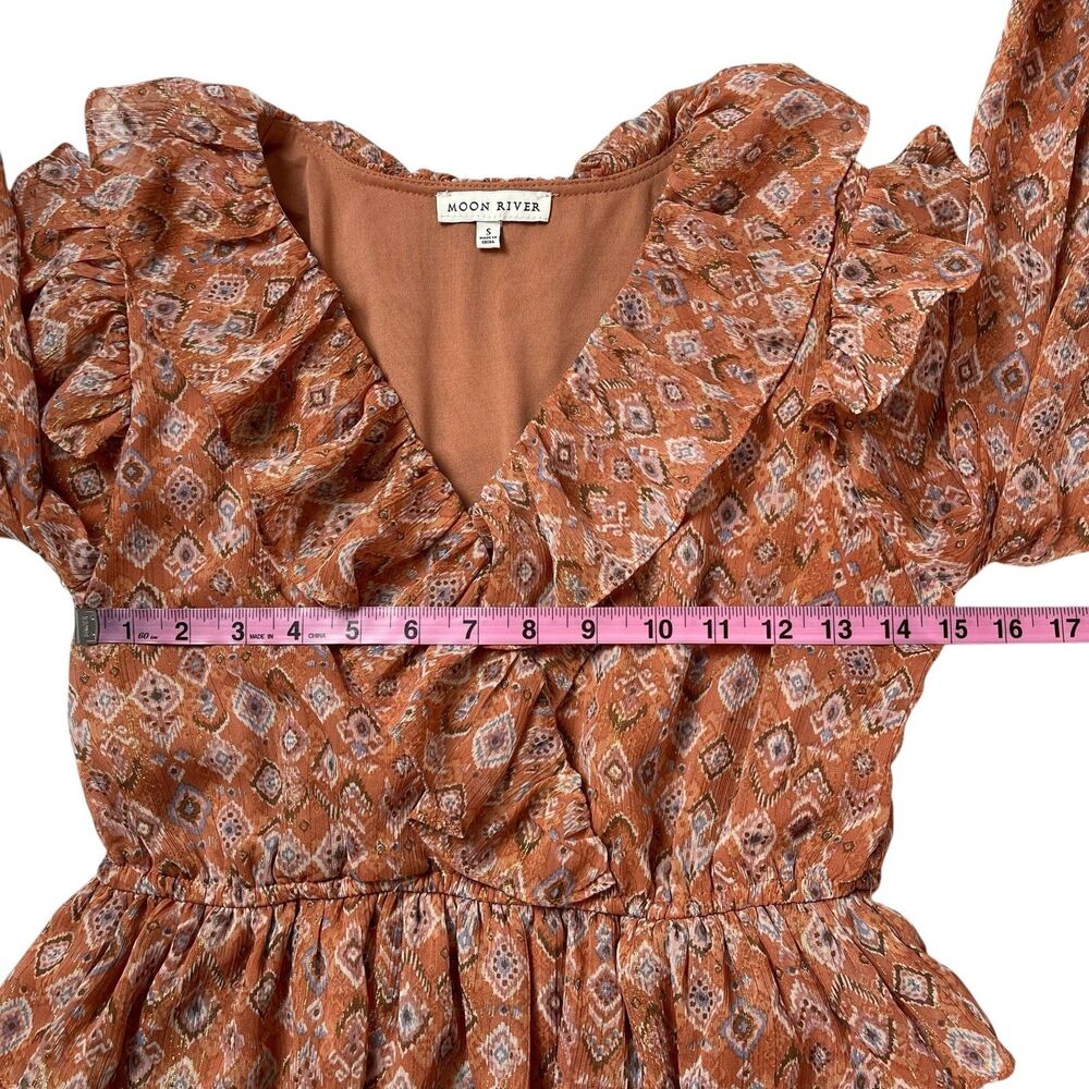 Moon River Anthropologie Maxi Dress Small Long Sleeve Ruffle V‑Neck Tiered Boho - Picture 7 of 12